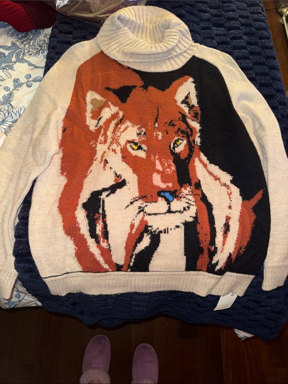 Aldo Martins Turtleneck Sweater with Bold Tiger Motif - Cream, Rust & Black